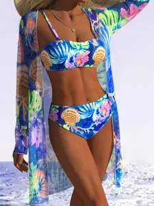 Three-Piece All Over Print Bikini Set with Sheer Cardigan, High Stretch Slim Fit, Beach Vacation Pool Party, All Seasons Casual Wear