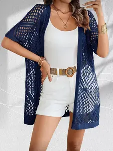 Summer Ice Silk Vacation Style Elegance Hollow Out Long Cardigan Jacket, Knitwear Beach Fashion Casual Lazy Wind Loose Medium Sleeve Knit Outerwear Womenswear