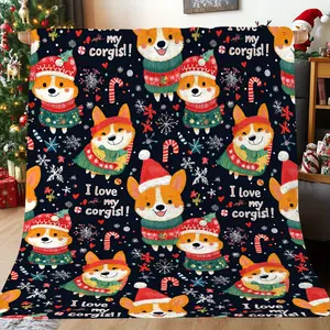 Christmas Corgi Themed Blanket - Polyester Soft Warm Throw for Napping, Camping, Travel, Car, Office - Festive Holiday Decor