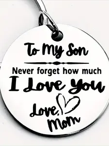 A stainless steel keychain, Personalized, an encouraging gift from a mother to her son - engraved with a loving note "To my son", featuring a heart shape with a letter theme, suitable as a gift accessory for birthdays, graduations, Christmas parties