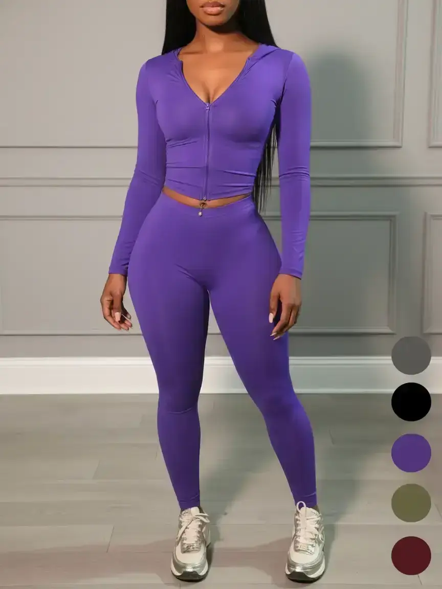 Women's Solid Color Zip Up Crop Top & High Waist Leggings Two-piece Set, Elegant Fashion Women's Solid Color Zip Up Crop Top & High Waist Leggings Two-piece Set, Elegant Fashion