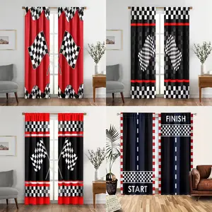 2pcs Decorative Racing Plaid Flag Curtains, Rod Pocket Curtains for Living Room and Bedroom, Semi-Transparent Polyester Panels, Window Curtain