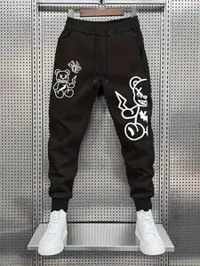 Violent Bear Graphic Print Jogger Pants, Loose-Fitting Casual Streetwear, American Style Winter Sports Long Trousers