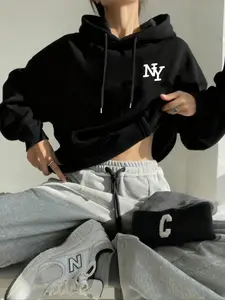 Women's Ny Letter Graphic Print Hoodie, Casual Loose-Fitting Pullover with Drawstring Pocket, Fall Winter Fashion Sweatshirt for Daily Wear