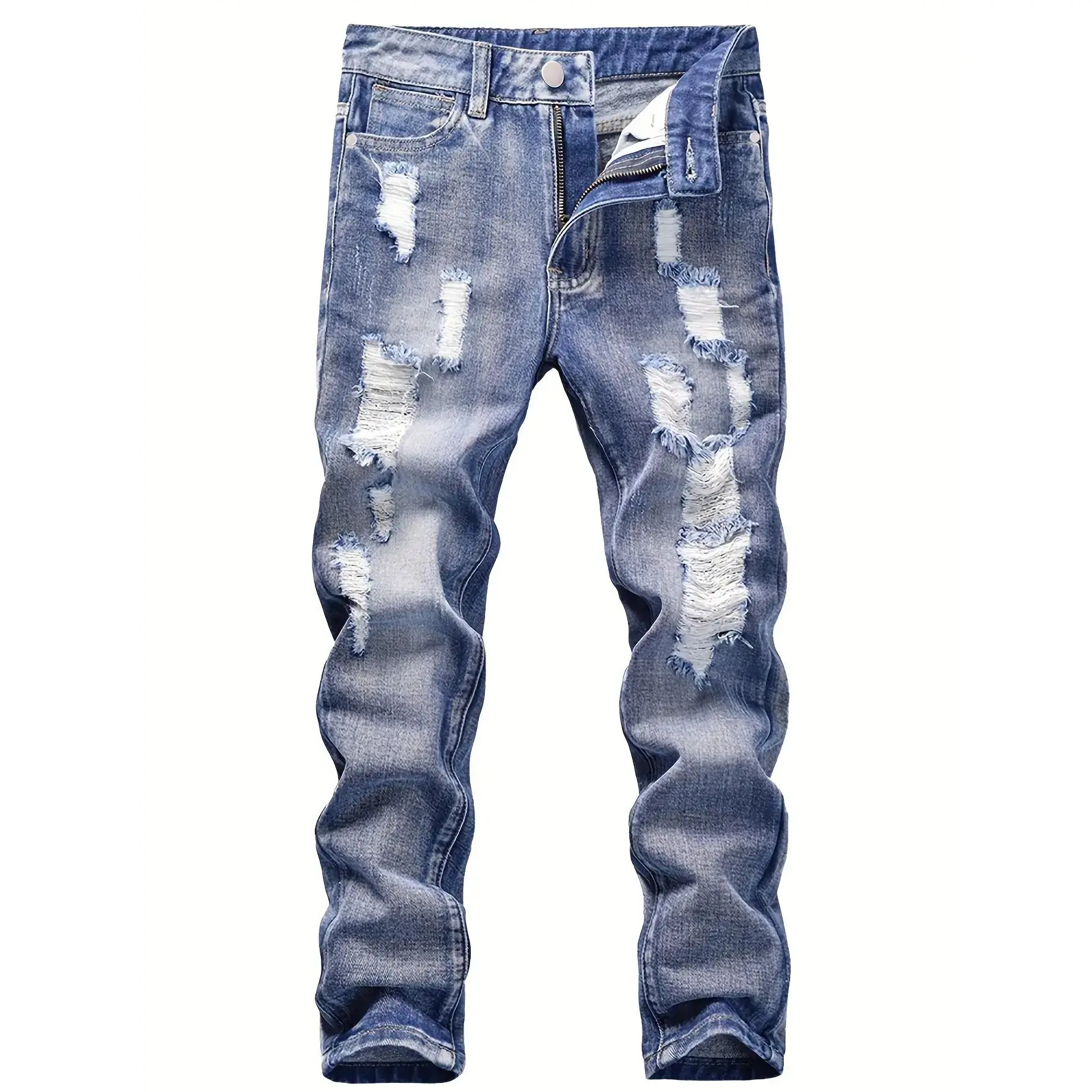 Boys' Ripped Stretch Cotton Denim Jeans - 5-12 Years (5-6y,7-8y,9-10y), Vintage Washed Black, Elastic-Mid Waist, Straight Leg, Zipper Pockets, Durable All-Seasons Casual Long Pants for Boys Clothing