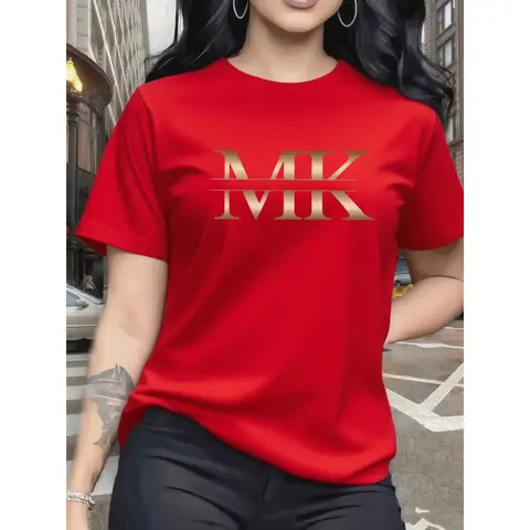 100% Cotton Women's Red Short Sleeve T-Shirt Chic Gold MK Graphic Tee Stylish And Vibrant Top For Casual Daily Wear Outings And Fashion - Forward Style Statements Fabric Womenswear Basic Flat Printed Smooth  clothing
