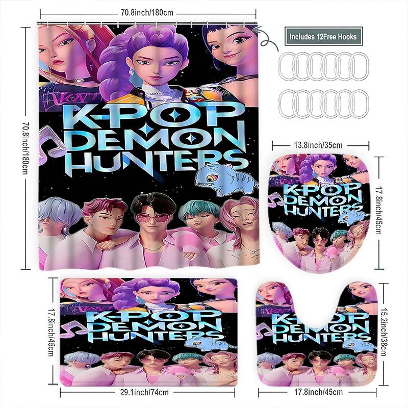 Creative K-Pop Demon Hunters Shower Curtain Set, Fantasy Cute Pet Design, Bathroom Accessories, Includes Bath Mat, Toilet Lid Cover, Hooks