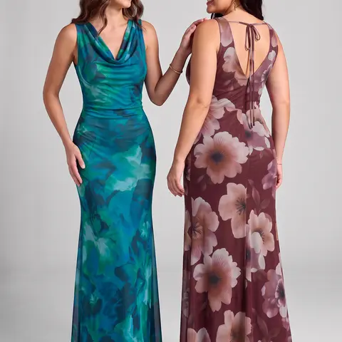 LESUXA Women's Cowl Neck Floral Print Mermaid Maxi Dress, Ruched Waist Fitted Formal Gown with Lace Up Back, Floral Wedding Guest & Bridesmaid Dress, Semi Formal Evening Gown LQ306