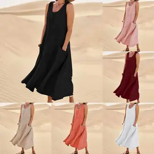 Casual And Versatile Summer Pocket Sleeveless Round-Neck Women's Cotton And Linen Dress