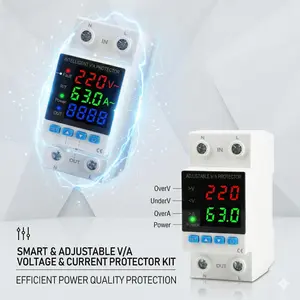 Over/Under Voltage Protection Relay 63A 110V/220V Dual Display Voltage & Current Monitor 2P DIN Rail Mount Auto Reset Adjustable VIA Protector with Overvoltage & Overcurrent Protection