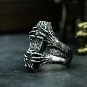 Classic Vintage Coffin Ghost Claw Vampire Devil Ring - Male Adjustable Open-End Goth Punk Hip Hop Accessory, Goth Dark Art Death Motif Fantasy-Themed Party Costume Jewelry, Goth Rings, Dark Art Rings
