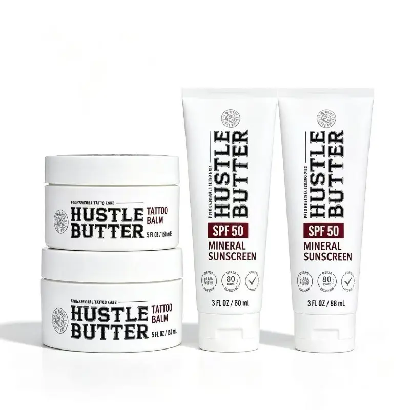 【Buy Two Get Two Free】2 Sets Hustle Butter Complete Tattoo Aftercare Kit, Healing & Moisturizing Tattoo Balm plus SPF50 Water Resistant Mineral Sunscreen, Helps Prevent Tattoo Ink Fading