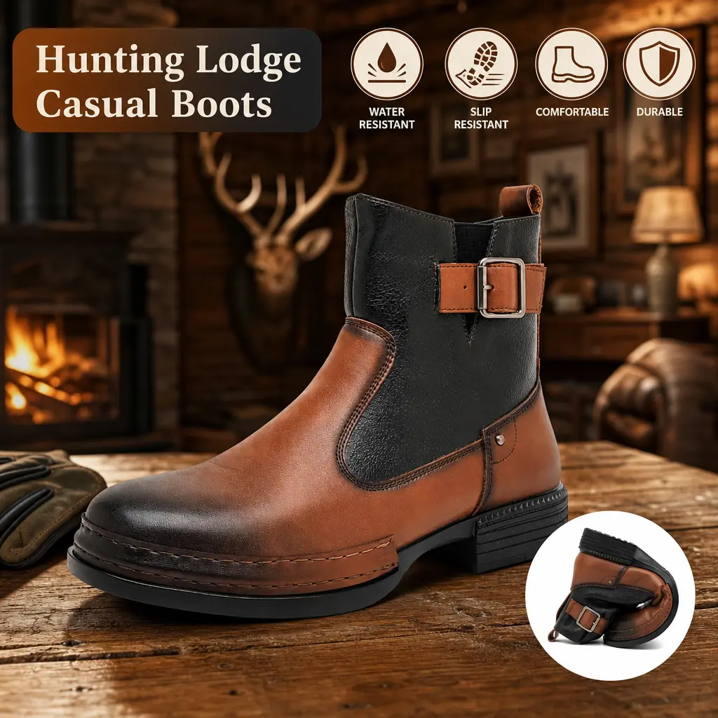 Men’s gradient buckle barefoot boots, snug toe box, retro business casual short boots for everyday wear