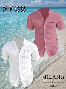 2-Pack Men's Milan Italian Print Casual Shirts, 95% Polyester + 5% Spandex Stand Collar Short Sleeve, Summer Tropical Breathable Elastic Men's Shirts