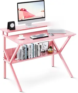 ODK Modern Pink Small Desk 27.5 Inch Computer Desk for Small Spaces Compact with Storage & Monitor Stand for Home Office