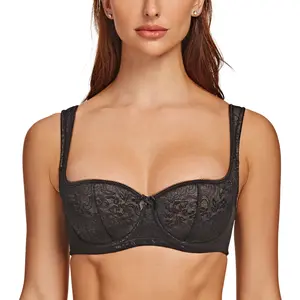 MELENECA Women's Balconette Push Bra with Padded Strap Half Cup Underwire Sexy Elegant Lace Black Chic TikTokShopBlackFriday