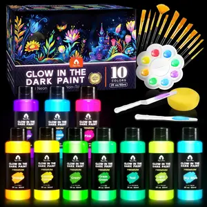 26 count Glow in the Dark  Paint Set with 12 Brushes, 2  and Palette, 10 Neon Colors (2oz/60ml) Art Craft Fluorescent Paints Gifts for Adults , Halloween Pumpkin Painting Kit