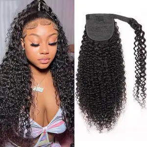 Binf Kinky Curly Hair Ponytail Hair Extension Human Hair Curly Ponytail Extension for Women with Wrap Around Magic Tape
