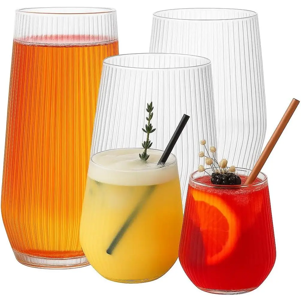 48 Pack Ribbed Origami Ripple Plastic Glasses, 24 9 Ounce Stemless Champagne Flutes & 24 12 Ounce Cups,  Disposable Shatterproof Toasting Glasses for Weddings, Bars, and Events (Clear)