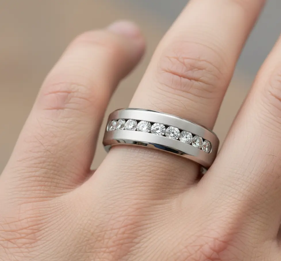 Channel Set CZ Inlay Men's Ring, Titanium Wedding Ring, Unique Engagement Ring, Men's Promise Ring, 8mm Titanium CZ Wedding Band, Unisex Titanium Ring