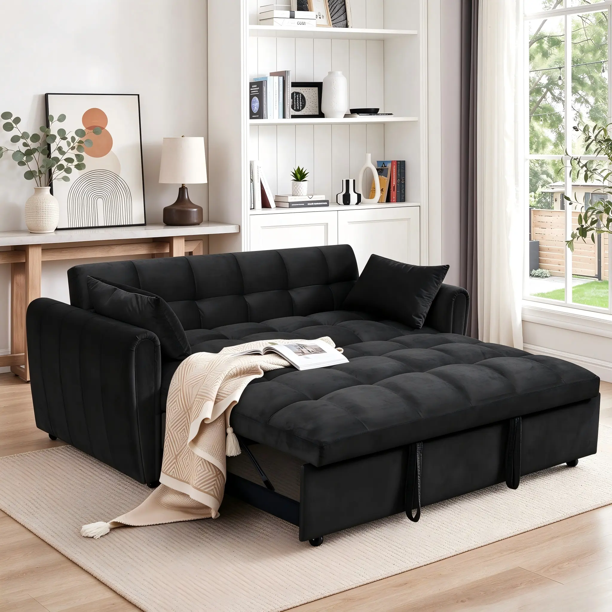 65" Width Velvet Loveseat Sofa Bed - 3-in-1 Convertible Sofa Bedroom Furniture with Adjustable Back, Fold-Out Chaise Lounge for Apartments, Black