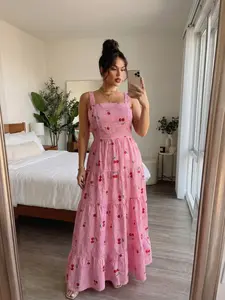 Plus Size Women's Plaid Cherry Print Dress, Square Neck Layered Hem Design, Thin Strap Casual Vacation Commuter Beach Dress