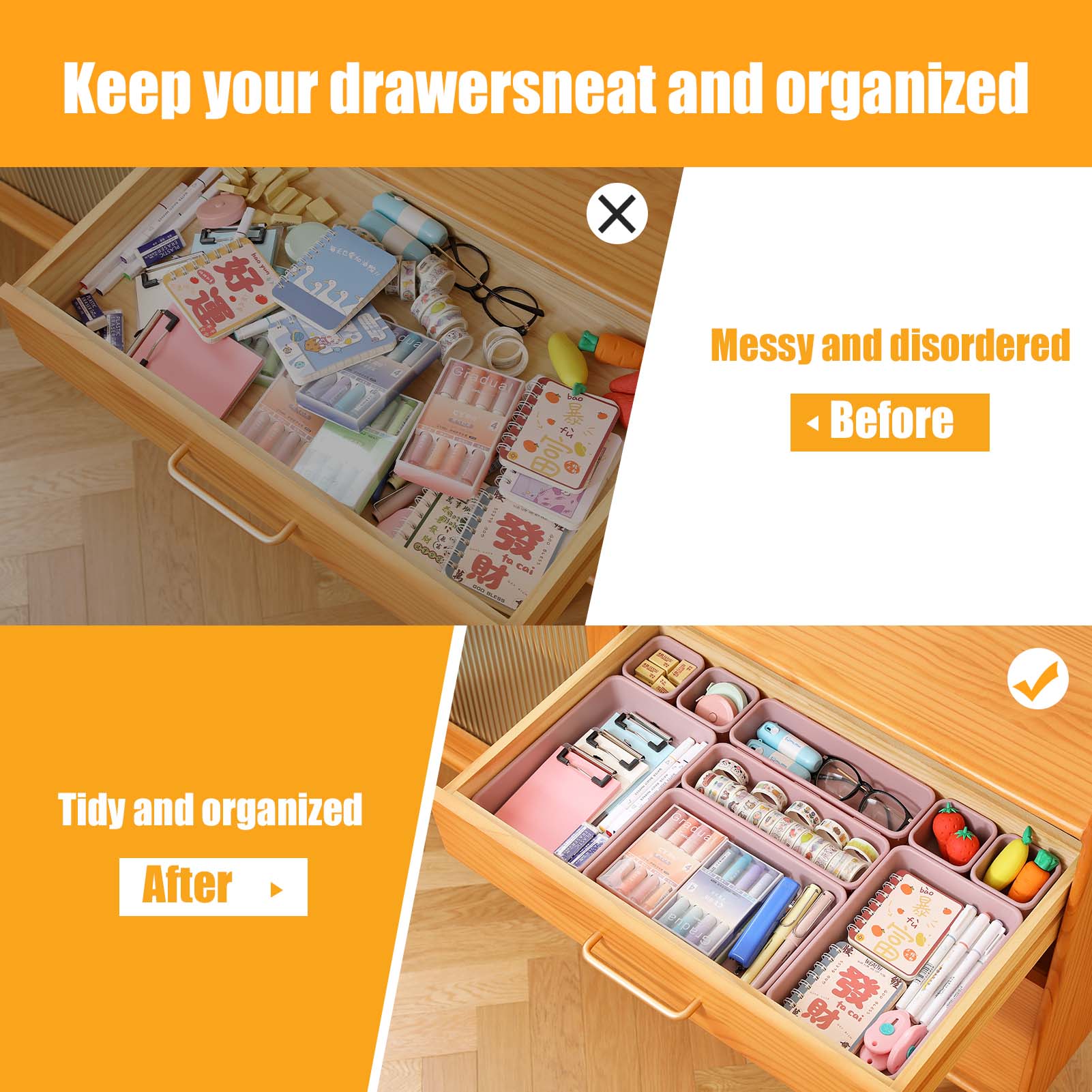 16-Piece Plastic Drawer Organizers Set 4 Sizes Versatile Storage Bins for Bathroom Kitchen Makeup Office Supplies Lightweight Sturdy Bakeware Ideal for Various Needs