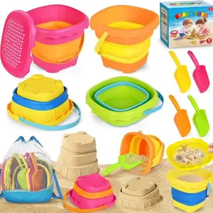 Summer Spring Gift 4 Pack Collapsible Beach Toys for Kids Toddlers, Sand Toys with 4 Collapsible Beach Bucket with Sifter, 4 Beach Shovel and Storage Mesh Bag, Travel Sandbox Toys Beach Essentials for Age 3-10