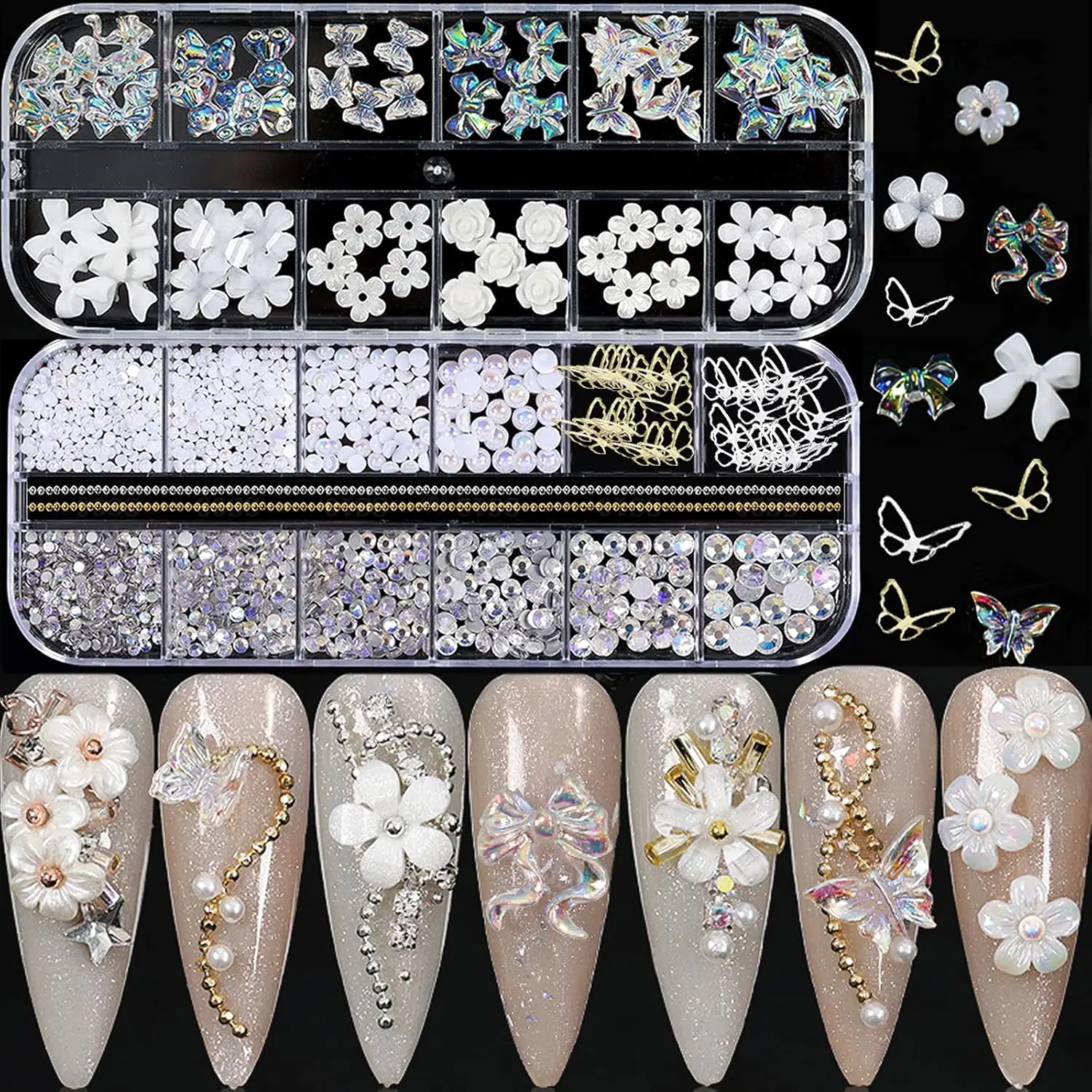 2pcs Water Diamond Series Glamorous Shimmer 3D Acrylic Nail Charms - Crystal Rhinestones, Multi-Shaped Pearls, Gold Metal Art Decals, Glass, Conch, Flower - 2 Boxes 60pcs DIY Craft Supplies for Home Improvement Building Needs, Diy Crafts