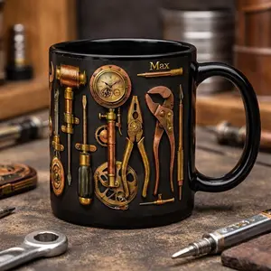 Personalized Black Tool Mug, Vintage Mechanic Coffee Mug, Steampunk Tools Cup, Custom Name Handyman Gift
