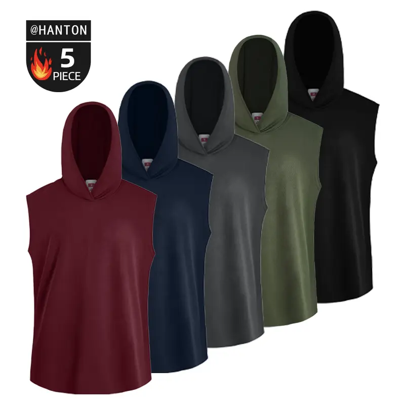 HANTON Men’s 5-Pack Polyester Blend Muscle-Friendly Hooded Sleeveless Vests - Plus Size 3XL Available, Solid Colors, Bodybuilding Fitness Tops, Summer Casual Arms-Free Wear, Hooded Top, Quick Dry, Casual Sports Tops, Athletic Sports Clothing