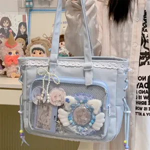 Cute transparent tote bag with lace trim, a 2D-style commuter tote bag for female students, crossbody bag with multiple pockets for display, suitable for anime merchandise and everyday sweet outings