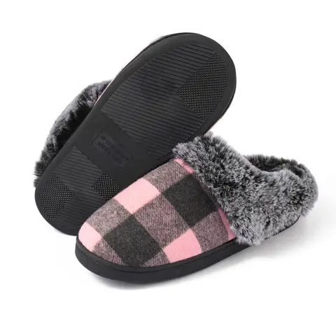 Colorblock Gingham Contrast Faux Fur Slippers, Casual Soft Comfortable Home Couples Slippers, Warm Non Slip Slippers for Indoor & Outdoor Use for Fall & Winter