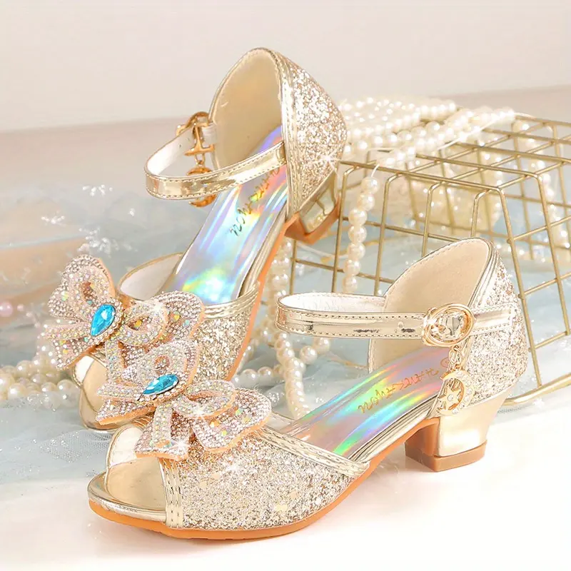 2025 New Style Elsa Rhinestone Sandals Girls, Crystal High Heels, Fashionable Summer Princess Shoes Children.