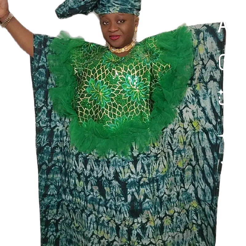 Adire Kampala Tie Dye Bubu Mumu Dress in MultiColor Green Intricate chest sequenced design, Comfortable Special occasion Casual Womenswear  Maxi Gorgeous