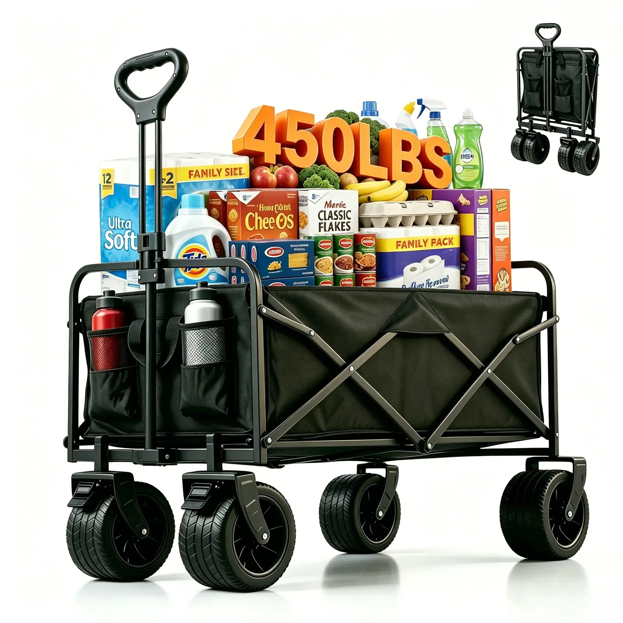 【Back to school】Heavy-Duty Collapsible Folding Wagon Cart with Wheels - 350/450 lbs Capacity, Waterproof, All-Terrain Wheels, Cup Holders, Swivel, Brakes, Telescopic Handle, Trunk-Fit Size, for Hunting, Outdoor, Grocery Shopping