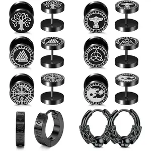 FLORIDECO 18G 8 Pairs Black Fake Gauge Plug Viking Huggie Hoop Men’s Earrings Wolf Runes Divination Piercing Jewelry Viking Earrings for Men Stainless Steel Norse Viking Stud Earrings