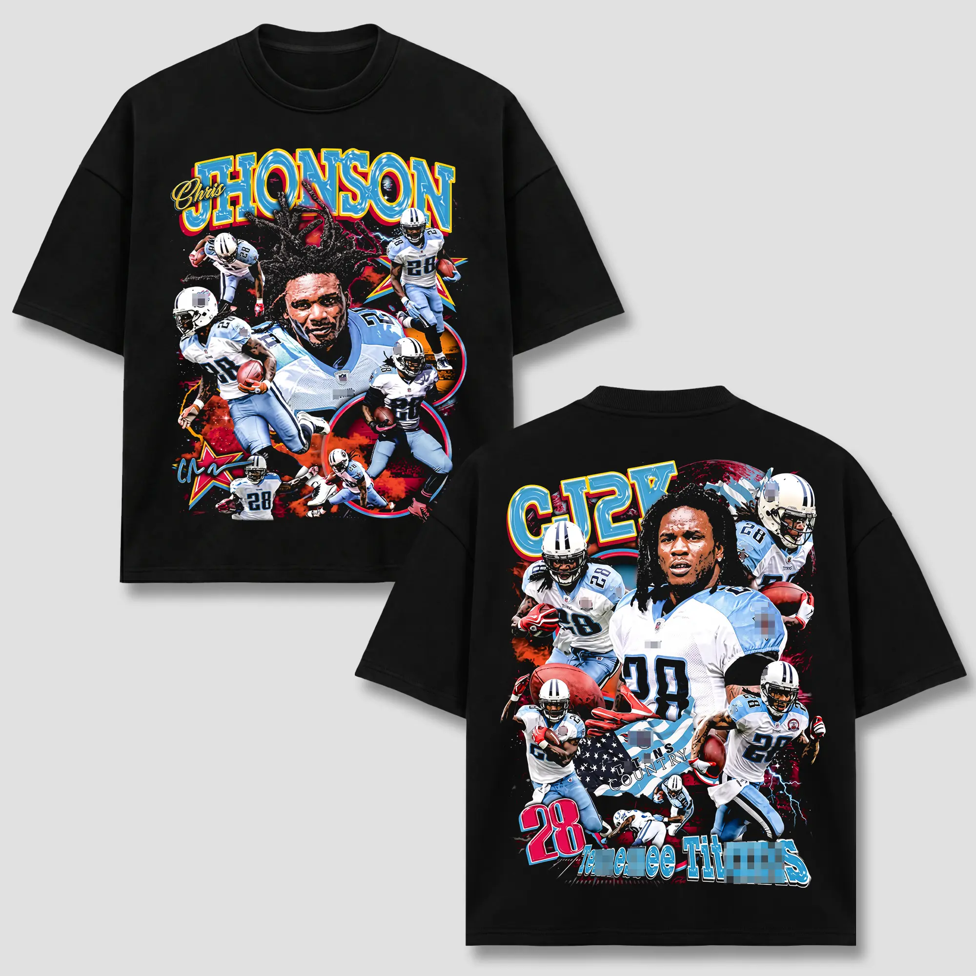 Unisex Chris Johnson # 28 T-Shirt, TEN Football Running Back Tee, TEN Number 28 Merch, Speedster Action Collage Graphic Apparel, Running Back Retro 90s Bootleg Sports Wear, Football Fan Heritage Gift, Men Women Heavyweight Oversized Black Clothing