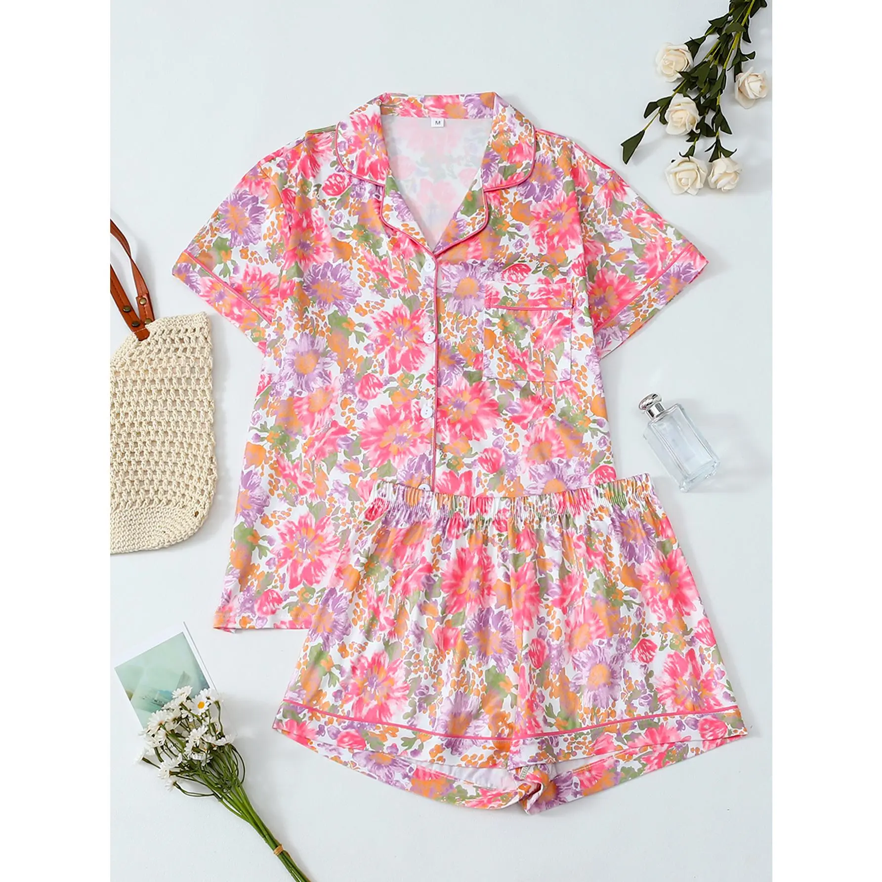 Women's 2-Piece Polyester Watercolor Floral Print Pajama Set - Short Sleeve Lapel Cardigan with Contrast Pink Trim, Above Knee Shorts, Smooth Satin-Like Nightwear, Skin-Friendly Breathable Loose Loungewear for Home, Vacation