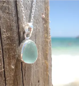 Sea Stamped Petite Sterling Silver Sea Foam Green Sea Glass Pendant Necklace