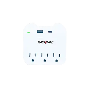 Rayovac Portable Surge Protector Model 1875 with Phone Holder Charges 5 Devices 3 AC Outlets 2 USB Ports USB-A & USB-C Built-in Protection Against Voltage Spikes