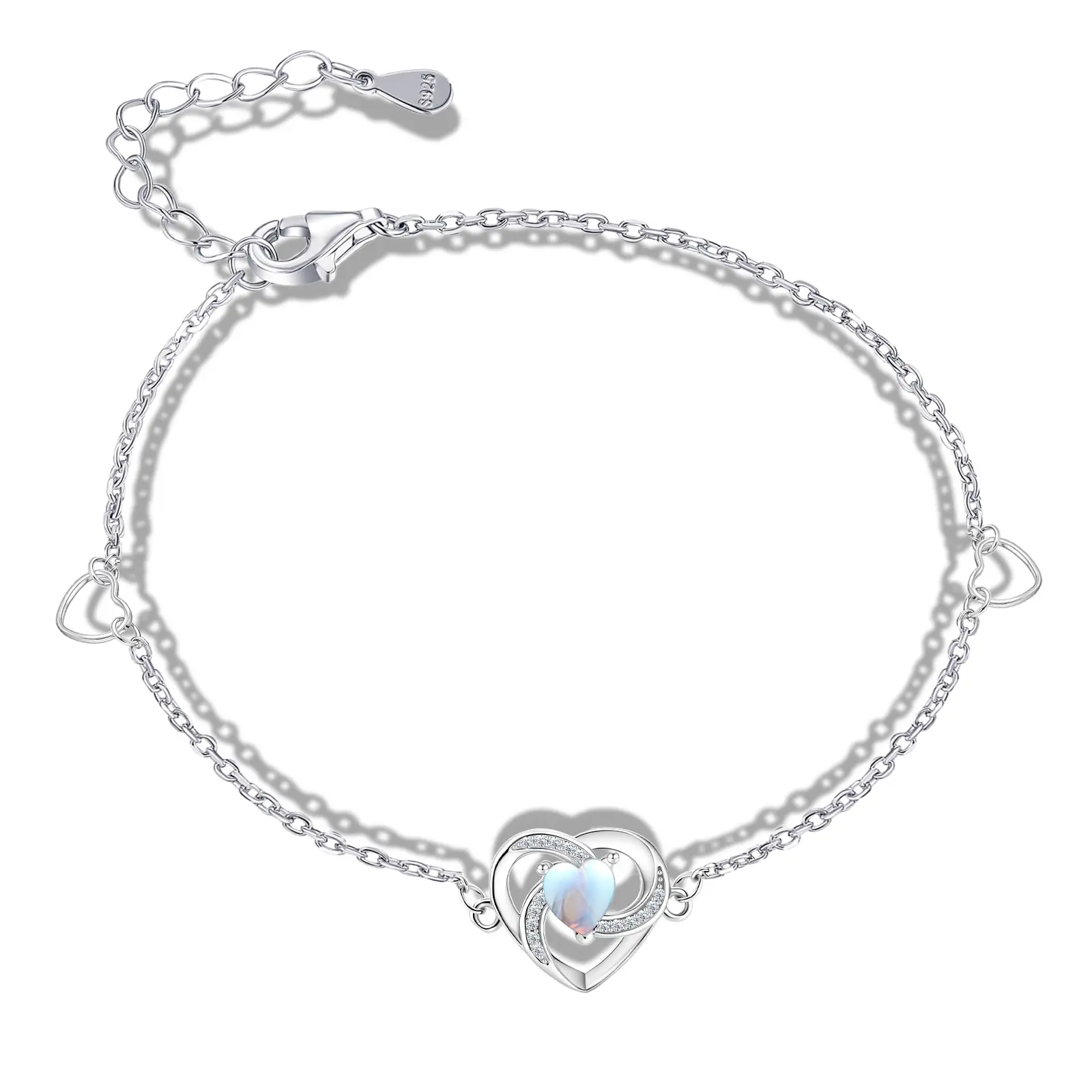 925 Sterling Silver Moonstone Heart Adjustable Bracelet for Women Romantic Heart Jewelry Gift for Birthday Christmas Valentine's Day & Anniversary