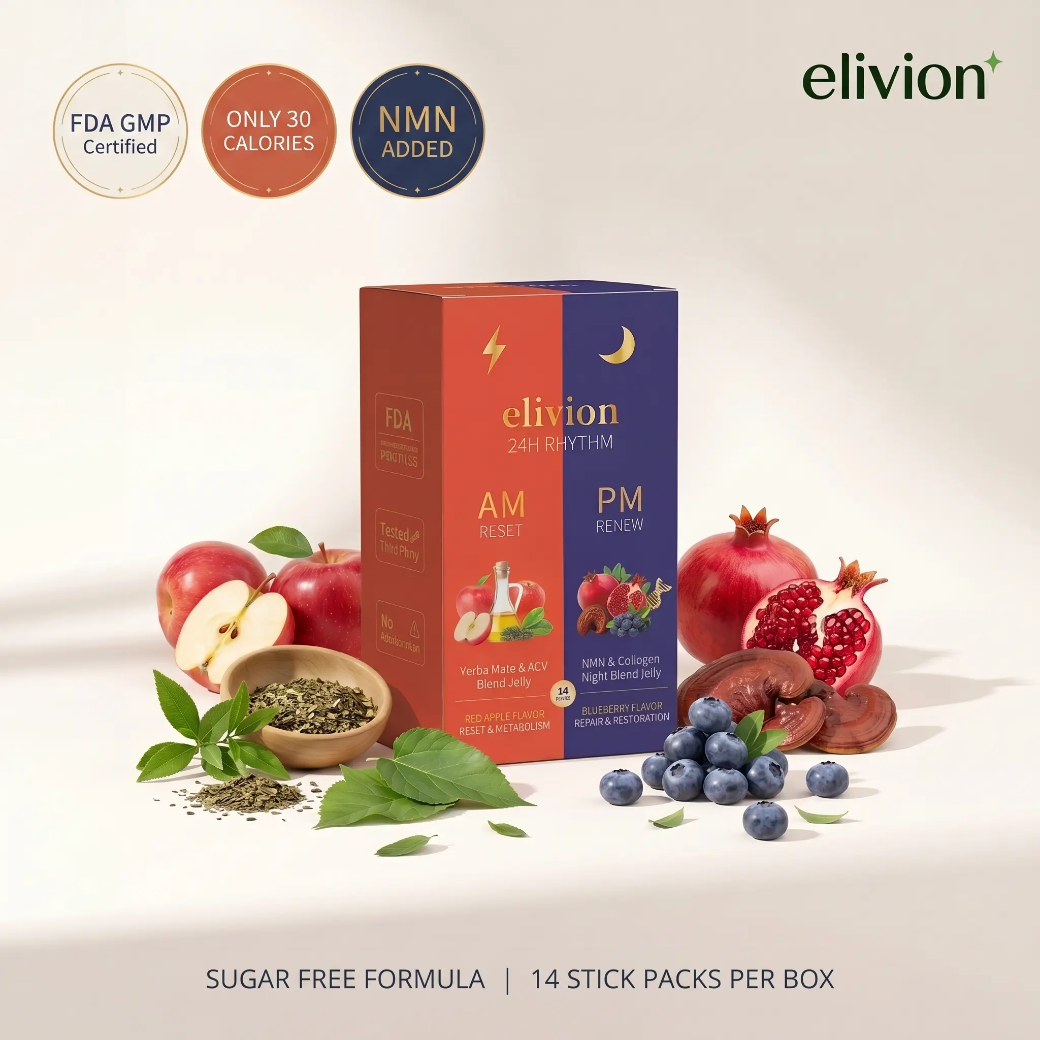Edible 24h AM/PM Daily Wellness Jelly Sticks - 14 Sticks, AM: ACV & Mate, PM: Reishi Calm, Collagen Blend, Chia Seeds, Metabolic Boost, Relaxation Support, Blueberry Flavor, Sugar Free, Non-GMO Natural Dietary Supplement