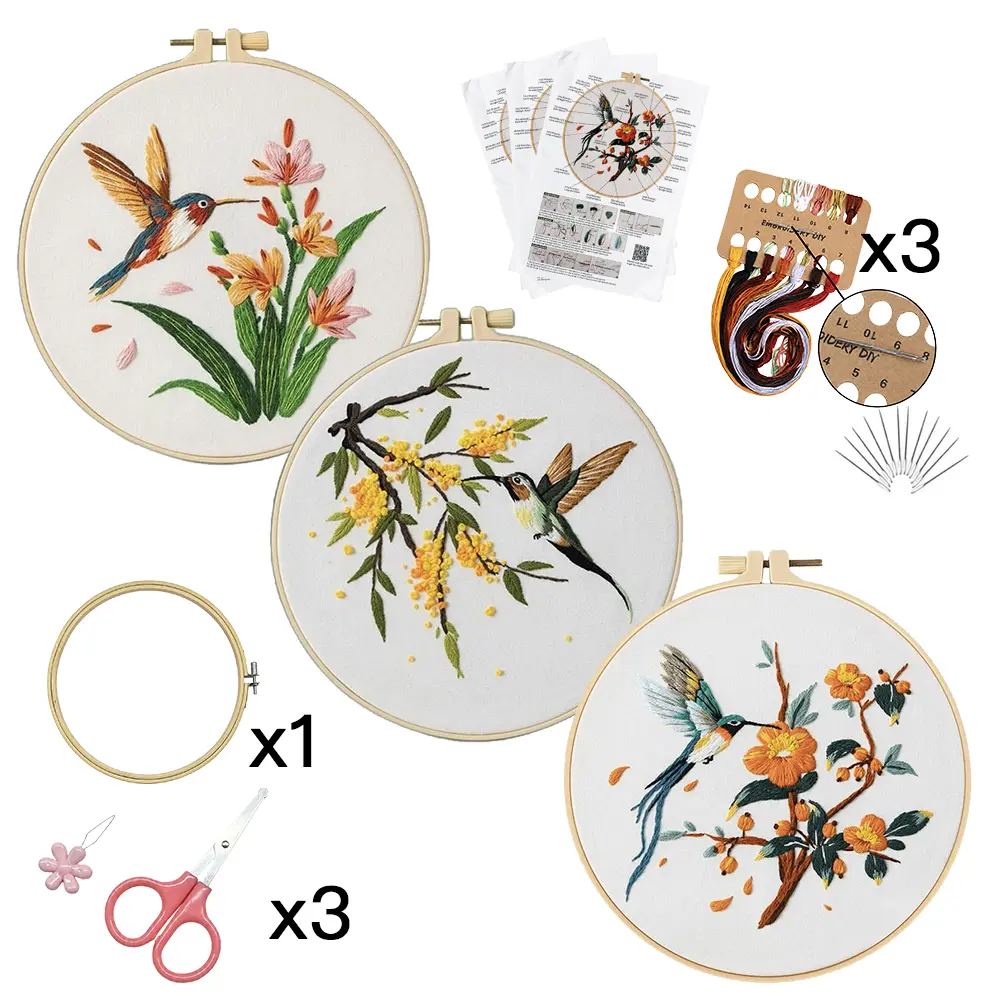 Flower Embroidery Kit for Beginners, 3 Pack Original Hummingbird and Floral Patterns with 1 Wooden Hoop, Threads, Needles and Instructions, Hand Embroidery Starter Kit for Adults