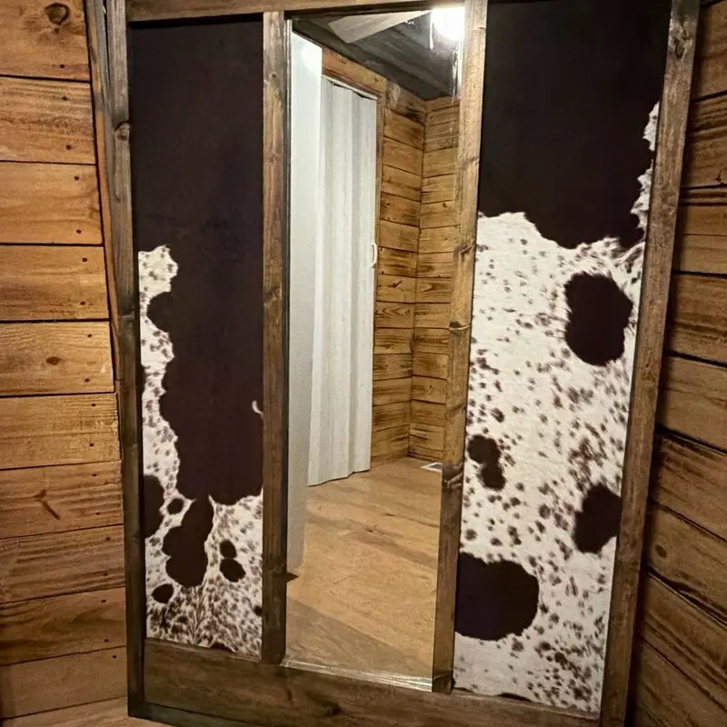 Custom Faux Cowhide Mirror with Rustic Wood Frame and Distressed Finish for Farmhouse Decor