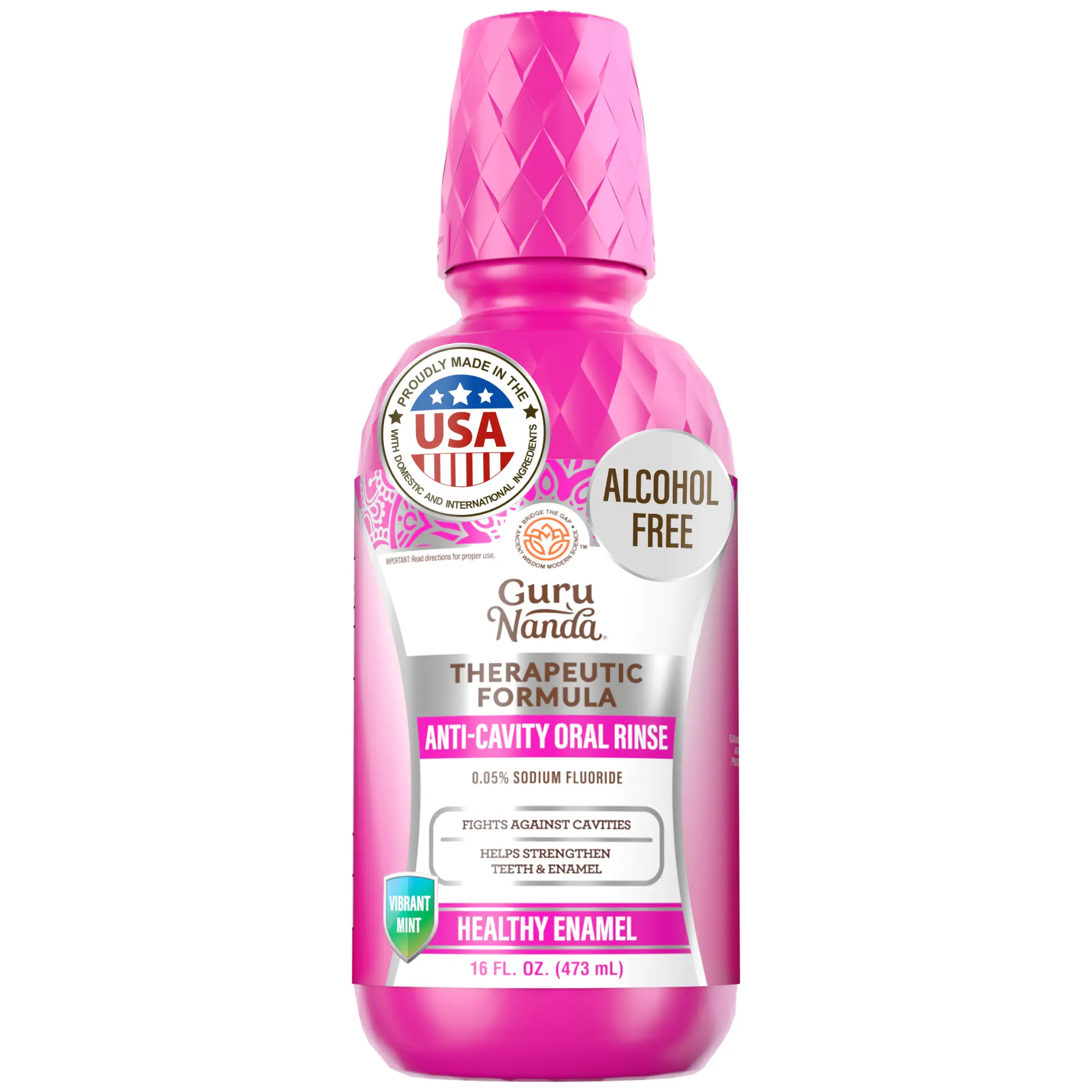 GuruNanda Anti-Cavity Oral Rinse with 0.05% Sodium Fluoride, Alcohol Free Therapeutic Mouthwash to Help Strengthen Teeth and Enamel & Prevent Cavities, Vibrant Mint, 16 oz