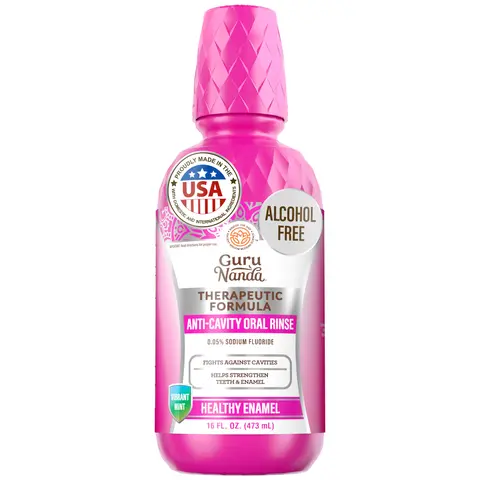 GuruNanda Anti-Cavity Oral Rinse with 0.05% Sodium Fluoride, Alcohol Free Therapeutic Mouthwash to Help Strengthen Teeth and Enamel & Prevent Cavities, Vibrant Mint, 16 oz