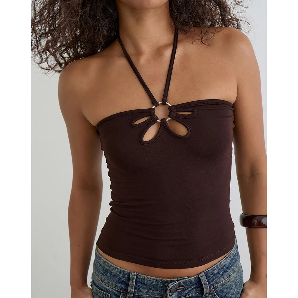 Baya Halterneck Top with Flower Ring in Bitter Chocolate