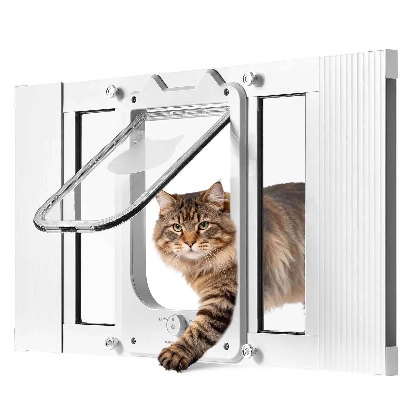 Cat Door For Window, Adjustable To Fit Window Width 23–28 Inches, Four Secure Lock Modes, Aluminum Frame With High-Transparency Glass, Magnetic Closure, Weatherproof Quick-Fit Pet Door For Cats, White