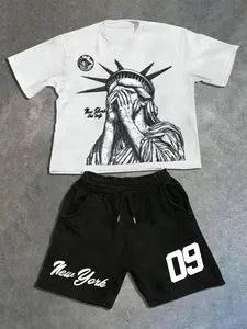 Two-Piece Set Men's Statue Of Liberty Graphic Print Short Sleeve Tee & Shorts, Regular Fit Casual Round Neck T-shirt & Shorts, Men's Summer Clothes for Daily Wear